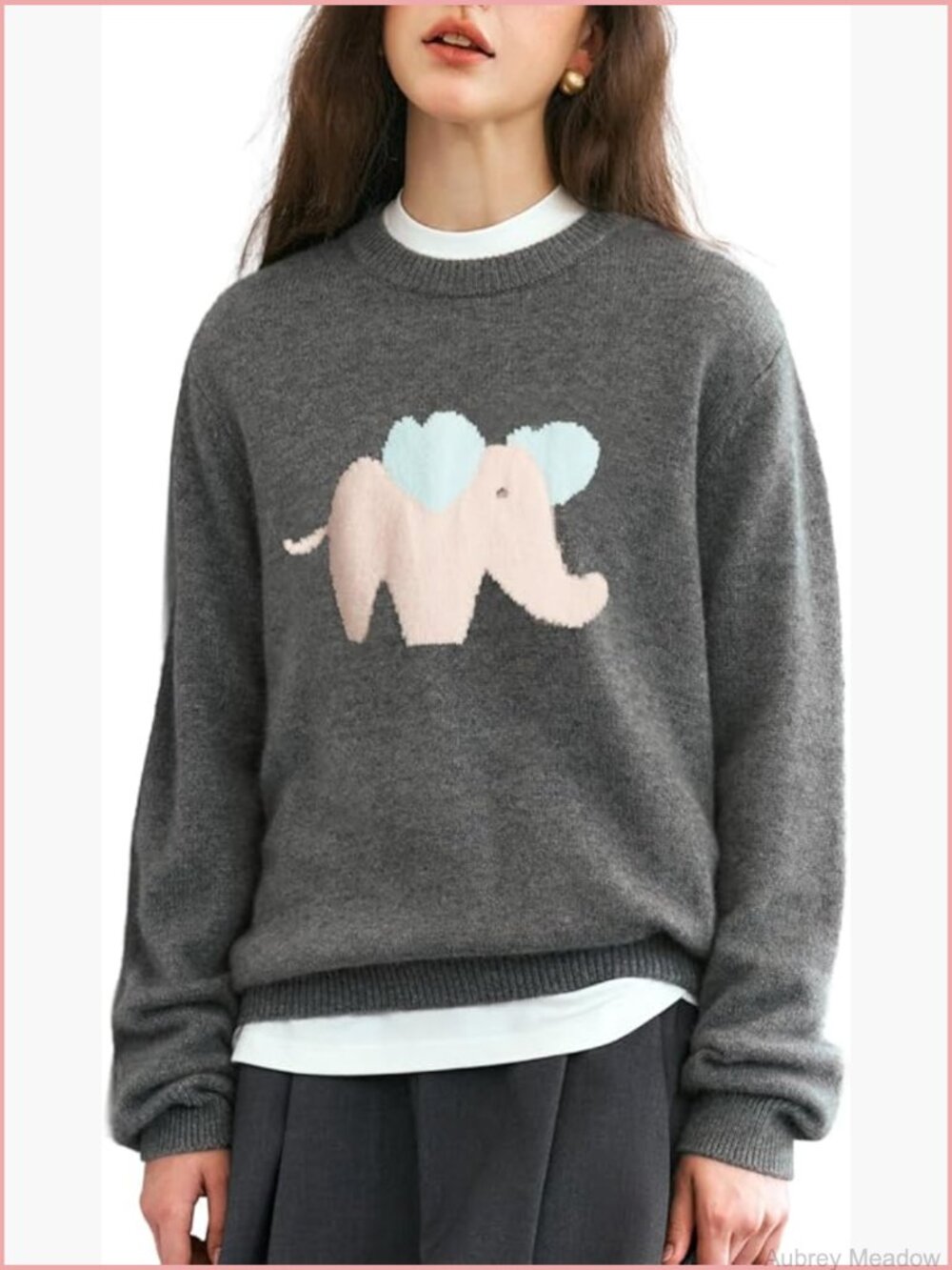 Crew Neck Pullover Soft Knit Cute Elephant Embroidery Long Sleeve